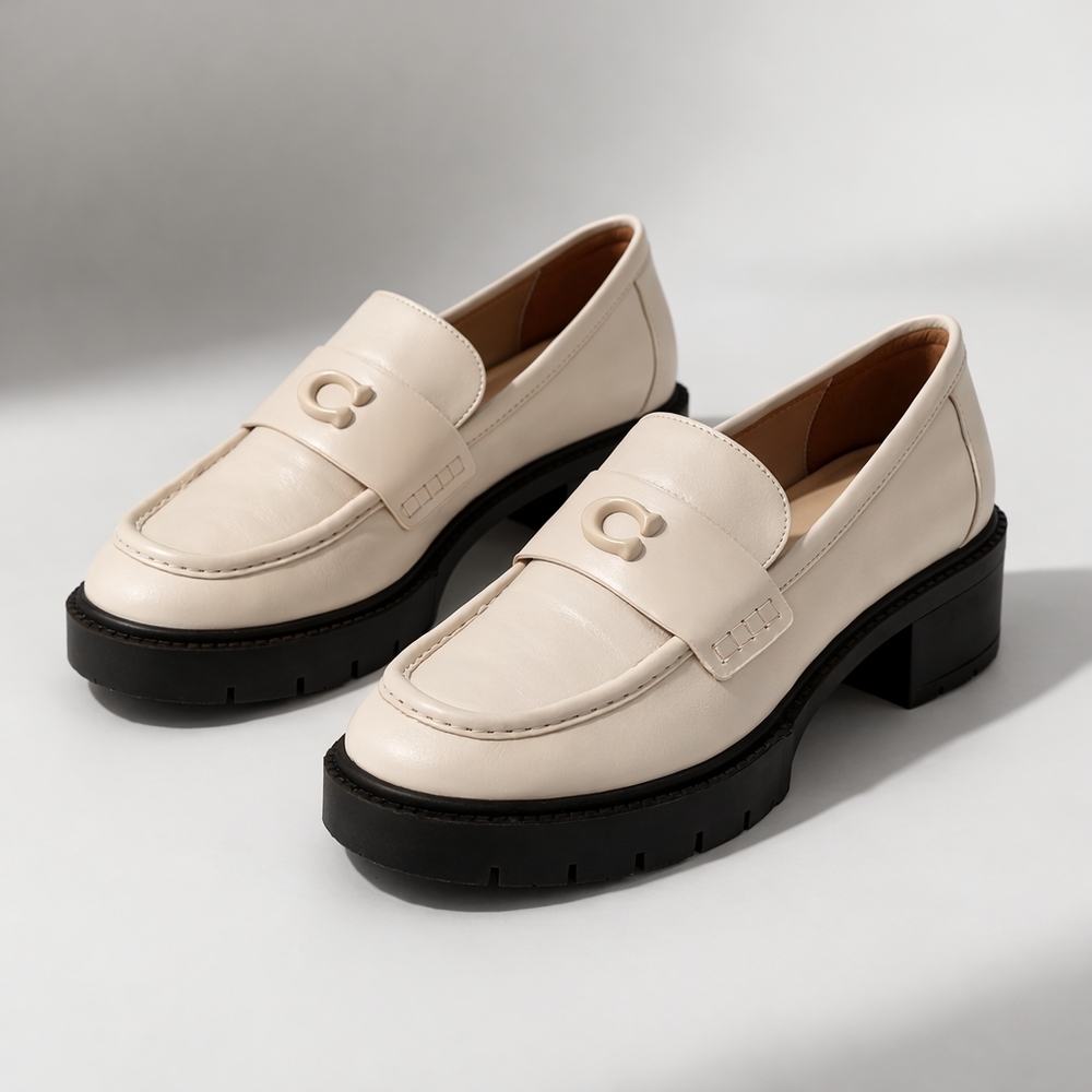 Coach Leah Lug Sole Loafers Chalk Cream Leather Platform Size 9